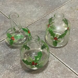 Two's Company Festive Glass Vases with Green and Red Holly